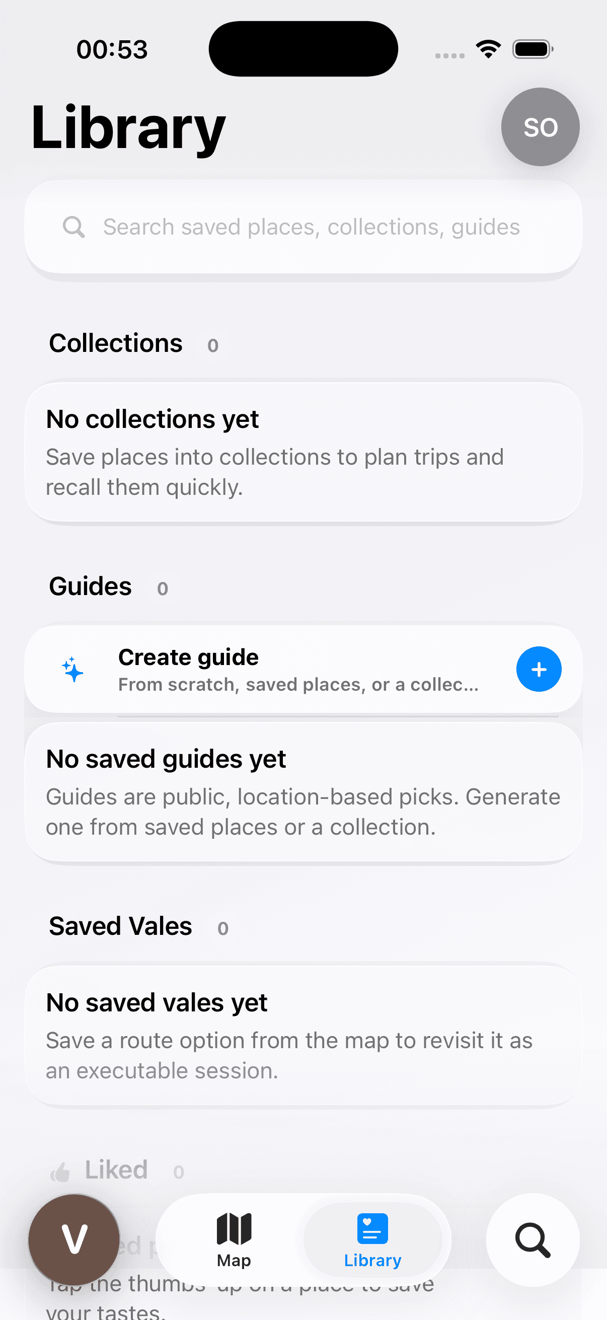 Vale Library with saved places, guides, and vales